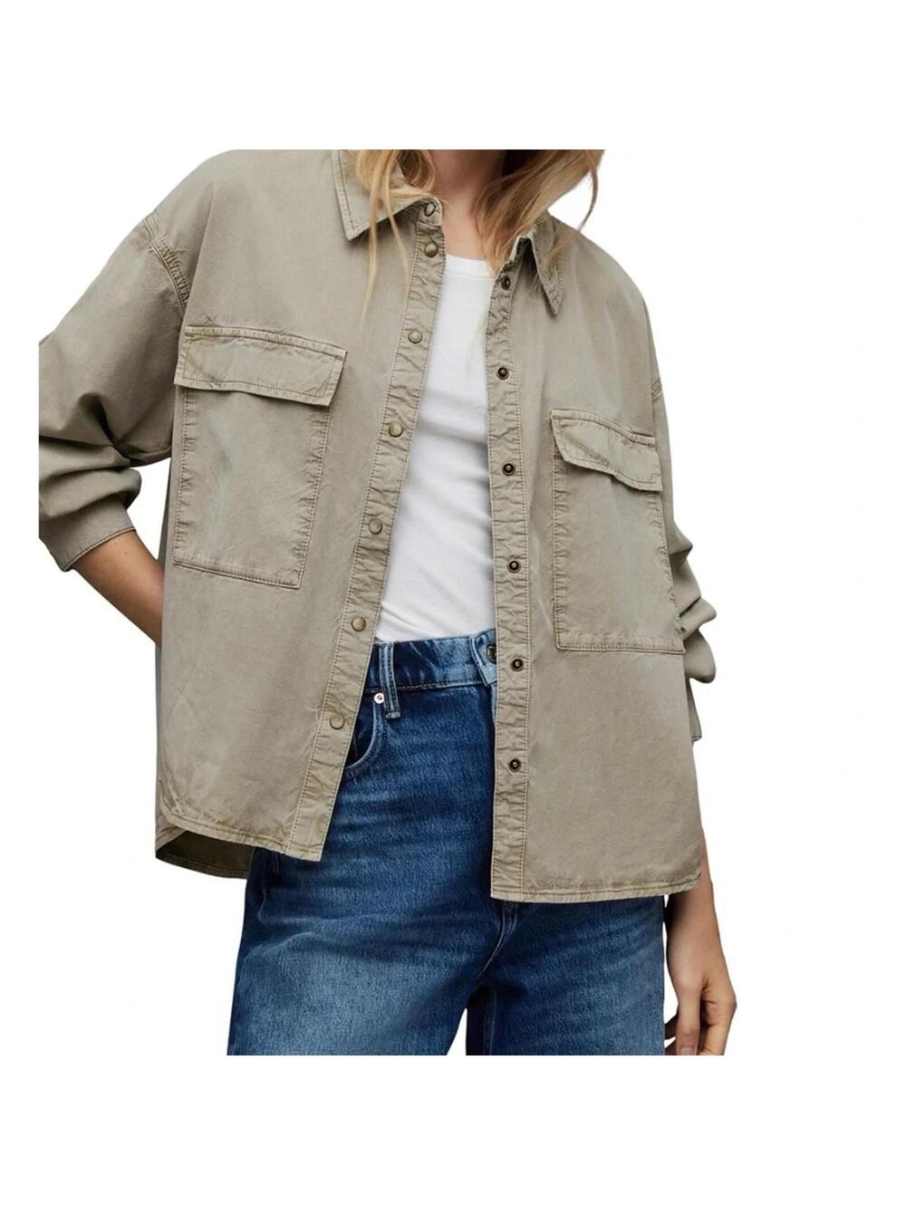 NWT AllSaints Eliana Cutout Denim Utility Top Olive Size 4 Oversized Buttondown
